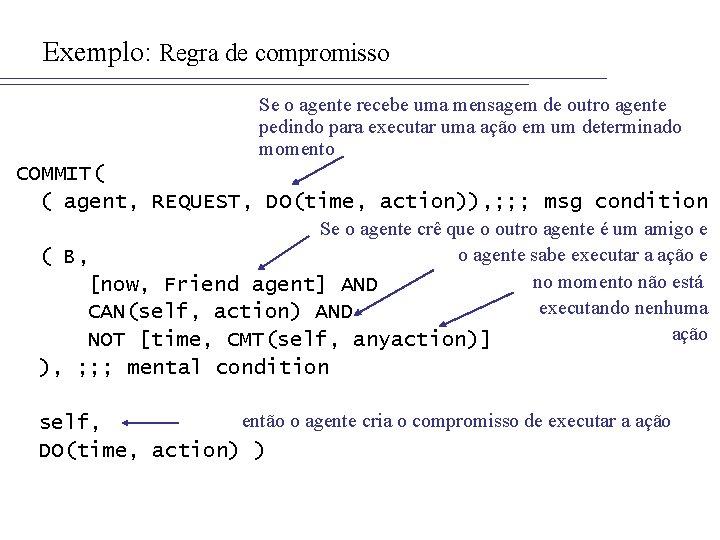 Exemplo: Regra de compromisso Se o agente recebe uma mensagem de outro agente pedindo