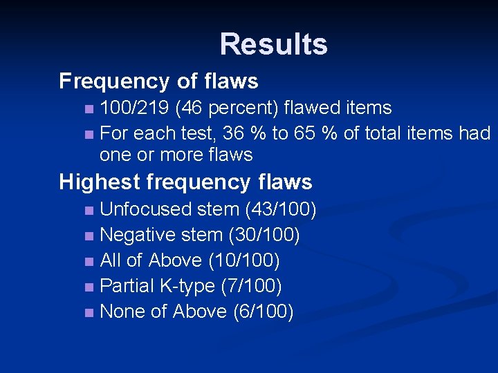 Results Frequency of flaws 100/219 (46 percent) flawed items n For each test, 36