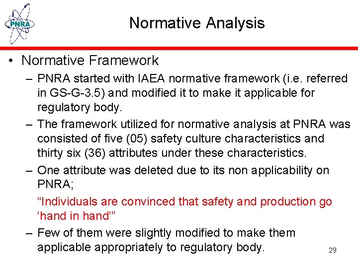 Normative Analysis • Normative Framework – PNRA started with IAEA normative framework (i. e.