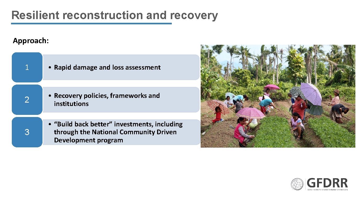 Resilient reconstruction and recovery Approach: 1 • Rapid damage and loss assessment 2 •