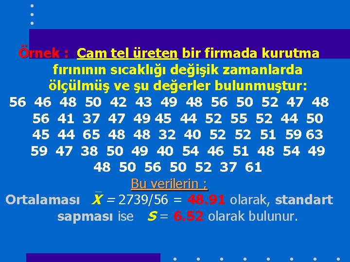 Örnek : Cam tel üreten bir firmada kurutma fırınının sıcaklığı değişik zamanlarda ölçülmüş ve