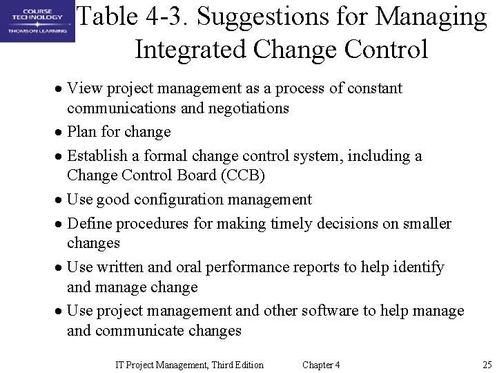 Table 4 -3. Suggestions for Managing Integrated Change Control · View project management as