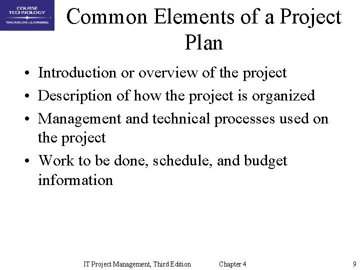Common Elements of a Project Plan • Introduction or overview of the project •
