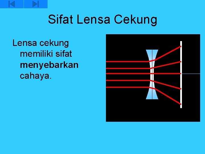 Sifat Lensa Cekung Lensa cekung memiliki sifat menyebarkan cahaya. 