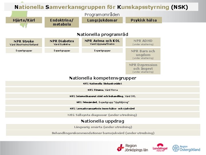 Nationella Samverkansgruppen för Kunskapsstyrning (NSK) Programområden Hjärta/Kärl Endoktrina/ metabola Lungsjukdomar Psykisk hälsa Nationella programråd