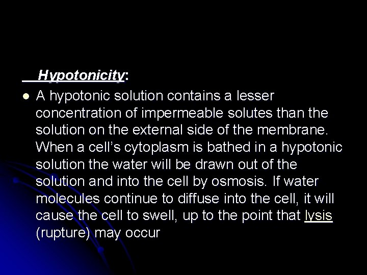 l Hypotonicity: A hypotonic solution contains a lesser concentration of impermeable solutes than the