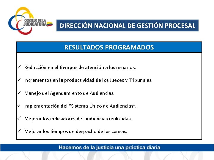 DIRECCIÓN NACIONAL DE GESTIÓN PROCESAL RESULTADOS PROGRAMADOS ü Reducción en el tiempos de atención