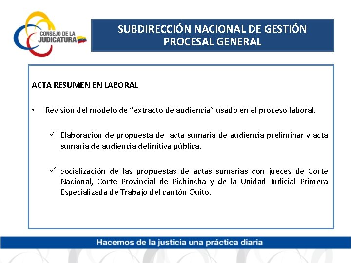 SUBDIRECCIÓN NACIONAL DE GESTIÓN PROCESAL GENERAL ACTA RESUMEN EN LABORAL • Revisión del modelo