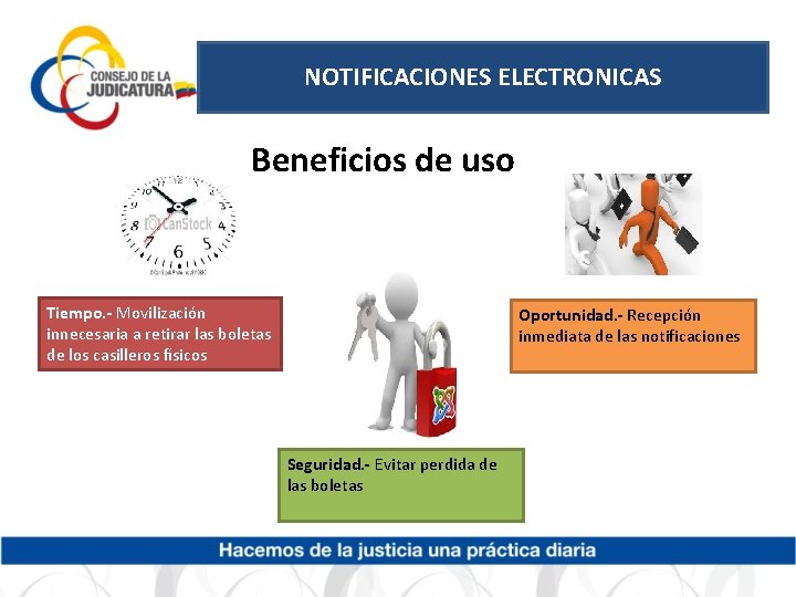 NOTIFICACIONES ELECTRONICAS Beneficios de uso Tiempo. - Movilización innecesaria a retirar las boletas de