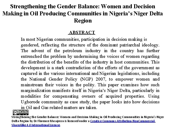 Strengthening the Gender Balance: Women and Decision Making in Oil Producing Communities in Nigeria’s