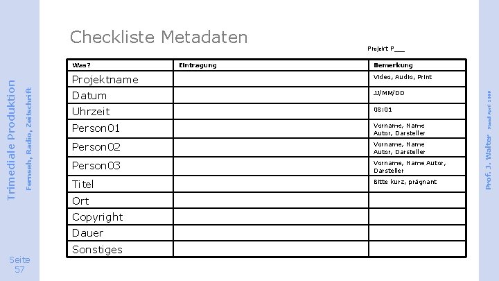 Bemerkung Projektname Video, Audio, Print Datum JJ/MM/DD Uhrzeit 08: 01 Person 01 Vorname, Name