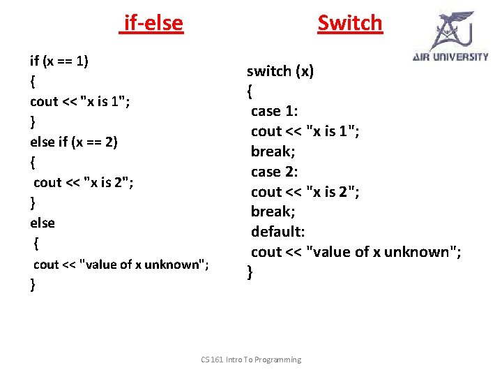 if-else Switch if (x == 1) { cout << "x is 1"; } else
