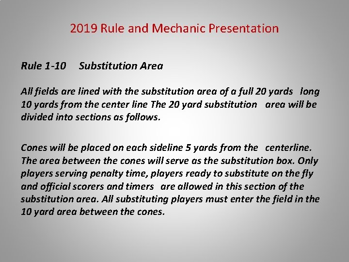 2019 Rule and Mechanic Presentation Rule 1 -10 Substitution Area All fields are lined