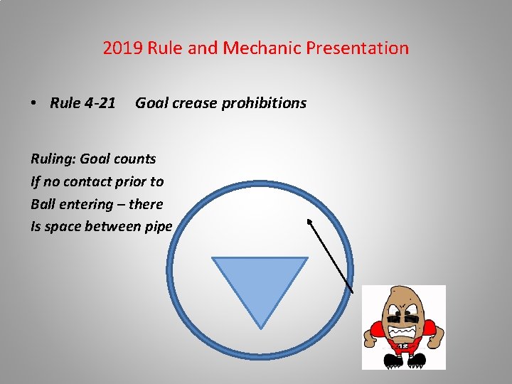 2019 Rule and Mechanic Presentation • Rule 4 -21 Goal crease prohibitions Ruling: Goal