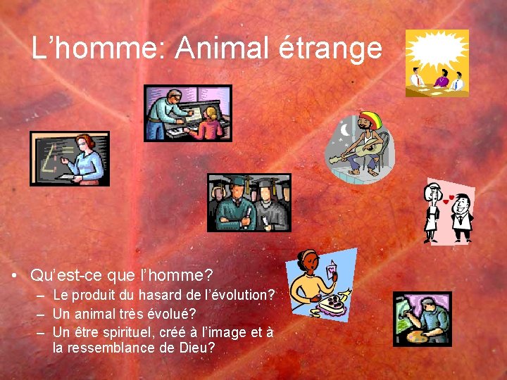 L’homme: Animal étrange • Qu’est-ce que l’homme? – Le produit du hasard de l’évolution?