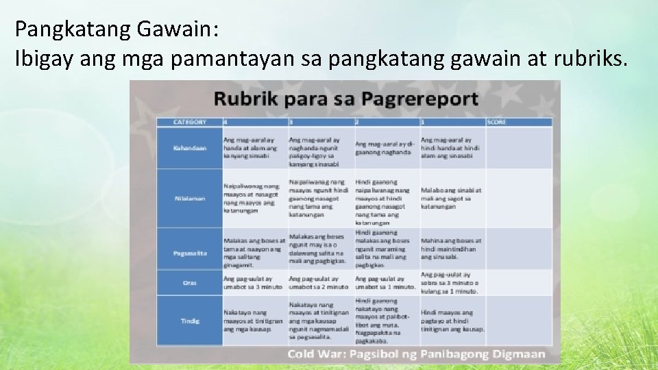 Pangkatang Gawain: Ibigay ang mga pamantayan sa pangkatang gawain at rubriks. 