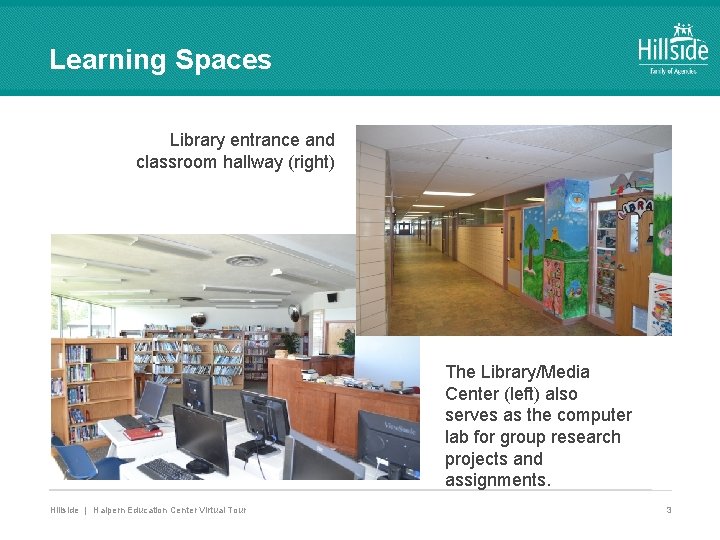 Learning Spaces Library entrance and classroom hallway (right) The Library/Media Center (left) also serves Learning Spaces Library entrance and classroom hallway (right) The Library/Media Center (left) also serves