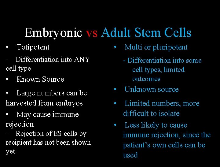 Embryonic vs Adult Stem Cells • Totipotent • - Differentiation into ANY cell type