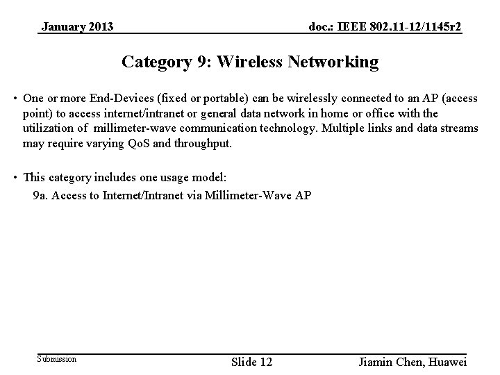 January 2013 doc. : IEEE 802. 11 -12/1145 r 2 Category 9: Wireless Networking