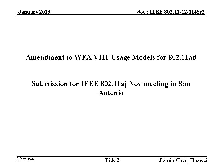 January 2013 doc. : IEEE 802. 11 -12/1145 r 2 Amendment to WFA VHT