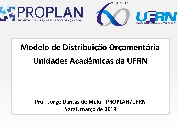 Modelo de Distribuição Orçamentária Unidades Acadêmicas da UFRN Prof. Jorge Dantas de Melo –