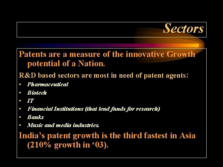 Sectors Patents are a measure of the innovative Growth potential of a Nation. R&D