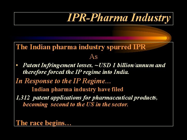 IPR-Pharma Industry The Indian pharma industry spurred IPR As • Patent Infringement losses, ~USD