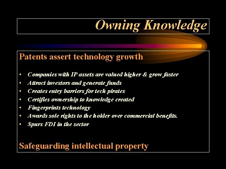 Owning Knowledge Patents assert technology growth • • Companies with IP assets are valued