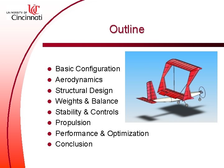 Outline l l l l Basic Configuration Aerodynamics Structural Design Weights & Balance Stability