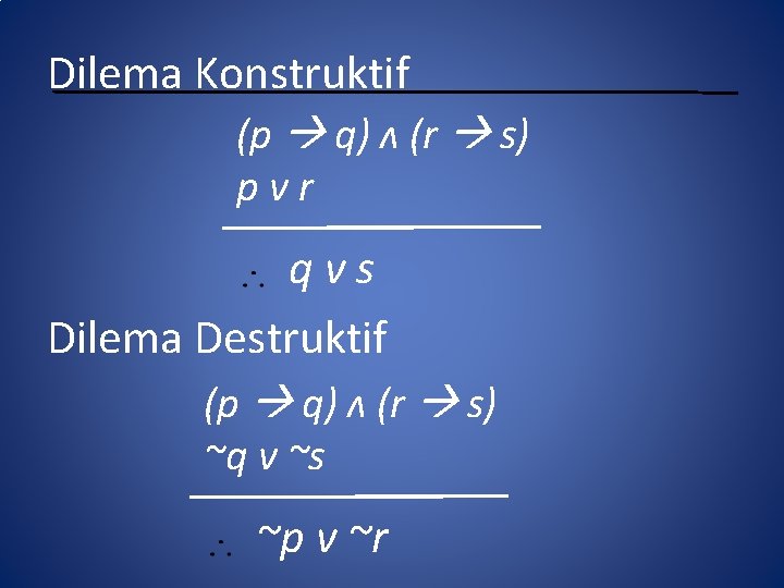 Dilema Konstruktif (p q) ʌ (r s) pvr qvs Dilema Destruktif (p q) ʌ