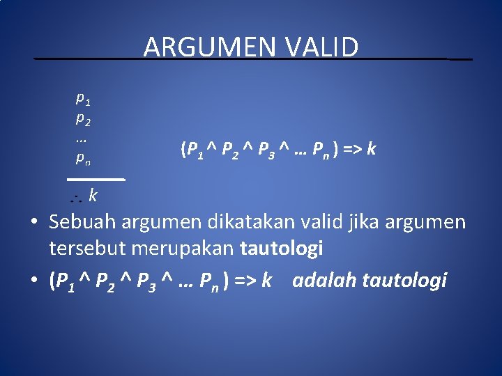 ARGUMEN VALID p 1 p 2 … pn (P 1 ˄ P 2 ˄