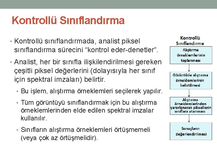 Kontrollü Sınıflandırma • Kontrollü sınıflandırmada, analist piksel sınıflandırma sürecini “kontrol eder-denetler”. • Analist, her