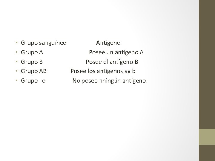  • • • Grupo sanguíneo Antígeno Grupo A Posee un antígeno A Grupo