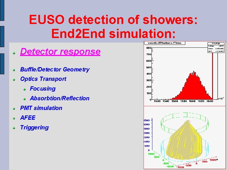 EUSO detection of showers: End 2 End simulation: Detector response Buffle/Detector Geometry Optics Transport