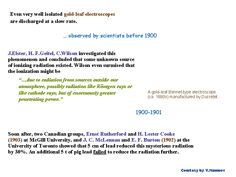 Even very well isolated gold-leaf electroscopes are discharged at a slow rate. … observed