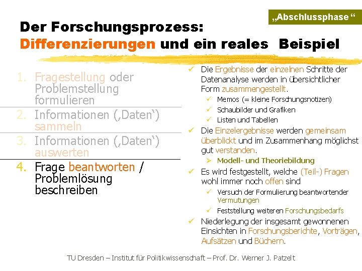 „Abschlussphase “ Der Forschungsprozess: Differenzierungen und ein reales Beispiel 1. Fragestellung oder Problemstellung formulieren