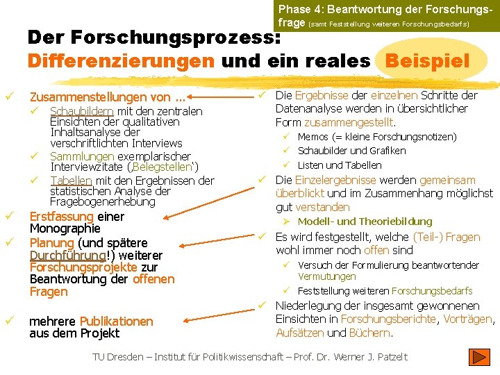 Phase 4: Beantwortung der Forschungsfrage (samt Feststellung weiteren Forschungsbedarfs) Der Forschungsprozess: Differenzierungen und ein