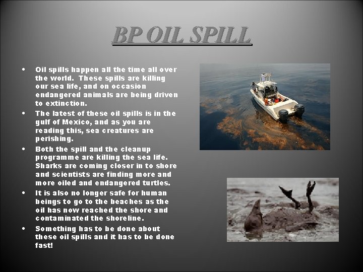 BP OIL SPILL • • • Oil spills happen all the time all over