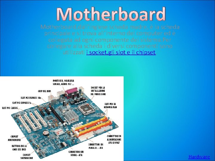 Motherboard, dall’inglese scheda madre, è la scheda principale e si trova all’interno del computer