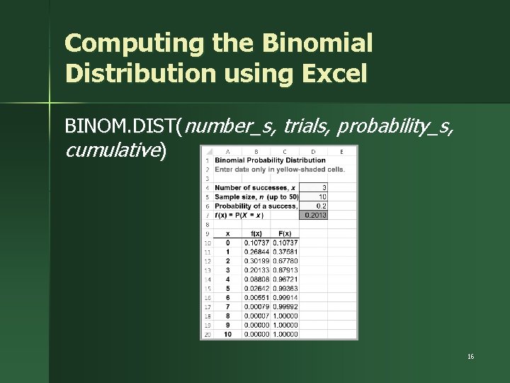Computing the Binomial Distribution using Excel BINOM. DIST(number_s, trials, probability_s, cumulative) 16 