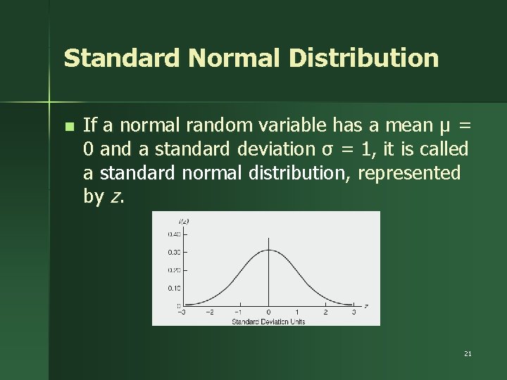 Standard Normal Distribution n If a normal random variable has a mean μ =