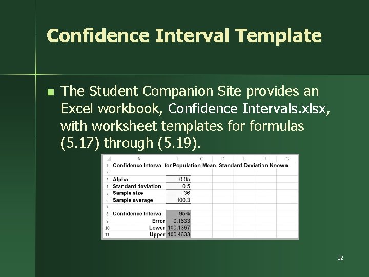 Confidence Interval Template n The Student Companion Site provides an Excel workbook, Confidence Intervals.