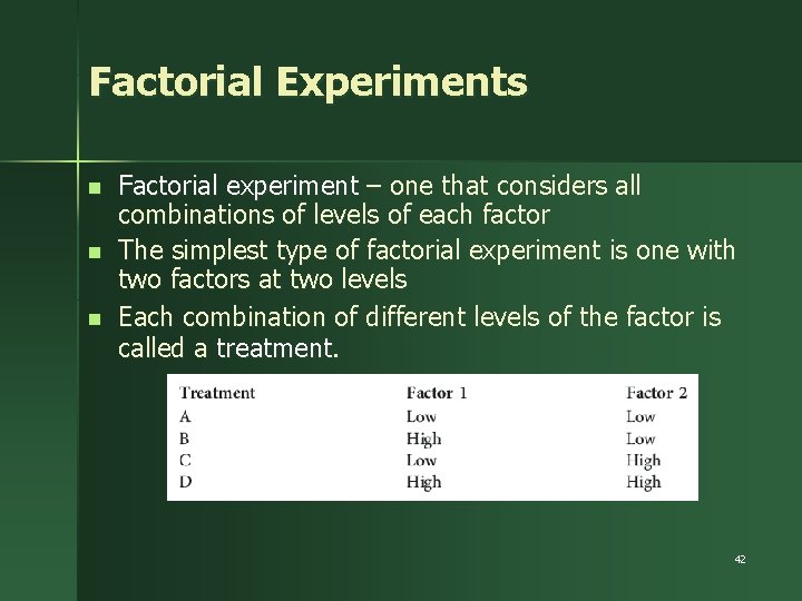 Factorial Experiments n n n Factorial experiment – one that considers all combinations of