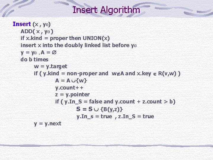 Insert Algorithm Insert (x , y 0) ADD( x , y 0 ) if