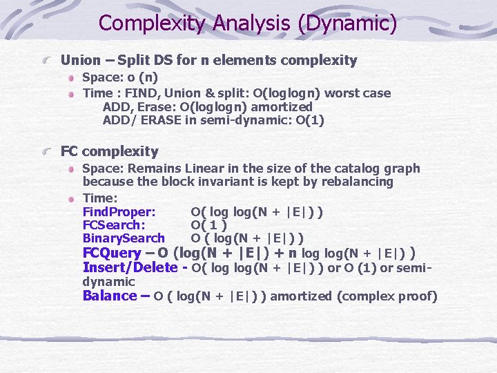 Complexity Analysis (Dynamic) Union – Split DS for n elements complexity Space: o (n)