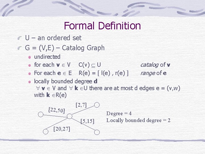 Formal Definition U – an ordered set G = (V, E) – Catalog Graph