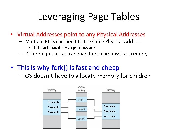 Leveraging Page Tables • Virtual Addresses point to any Physical Addresses – Multiple PTEs