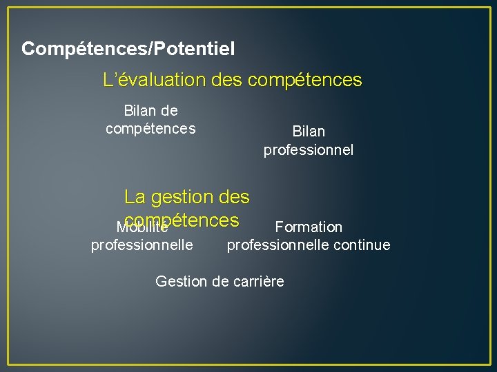 Compétences/Potentiel L’évaluation des compétences Bilan de compétences Bilan professionnel La gestion des compétences Mobilité