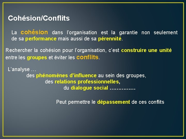 Cohésion/Conflits La cohésion dans l’organisation est la garantie non seulement de sa performance mais