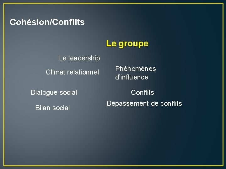 Cohésion/Conflits Le groupe Le leadership Climat relationnel Dialogue social Bilan social Phénomènes d’influence Conflits